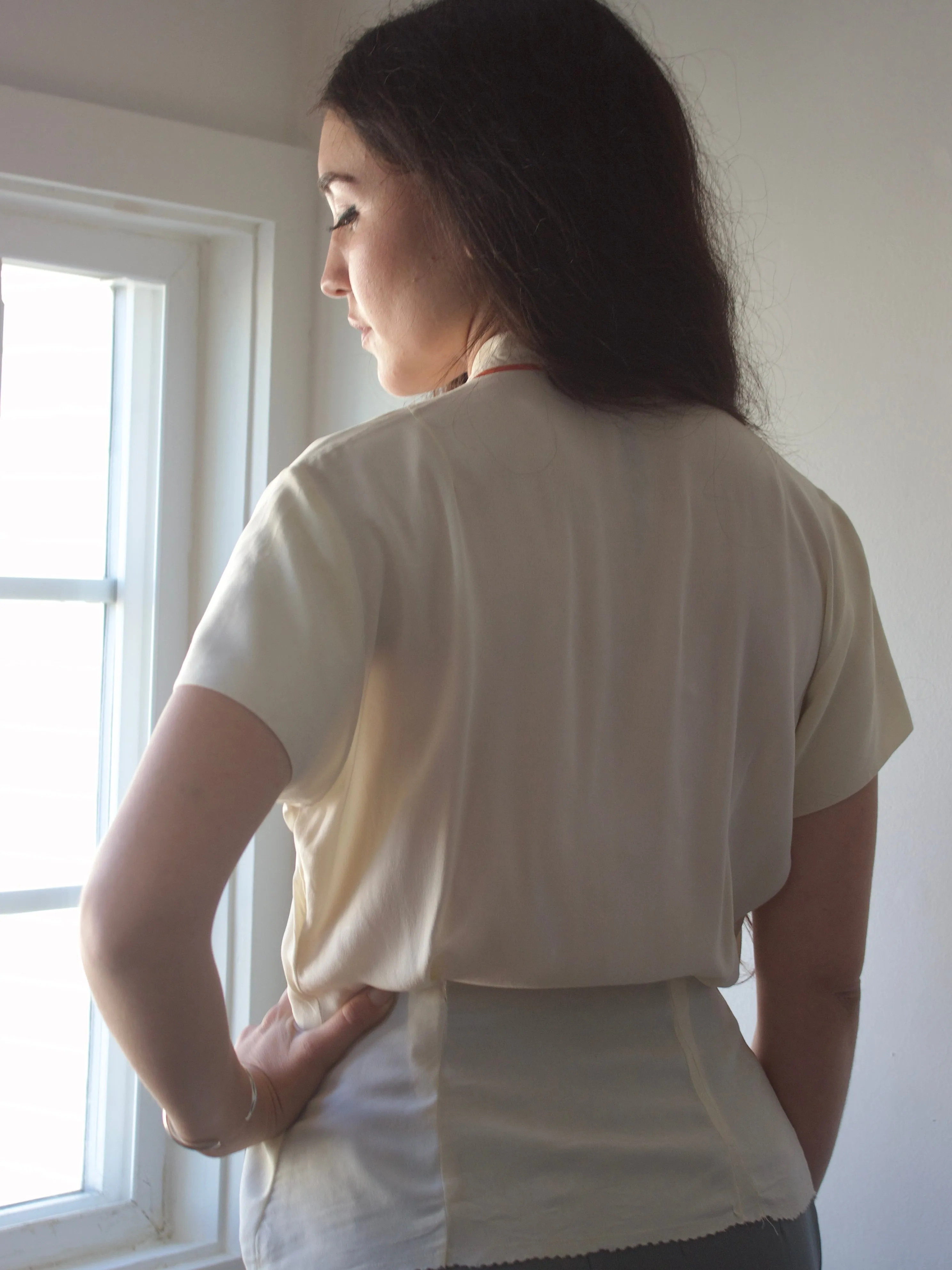 1940s Monogrammed Ivory Silk Crepe Blouse W/ Tassel Ties