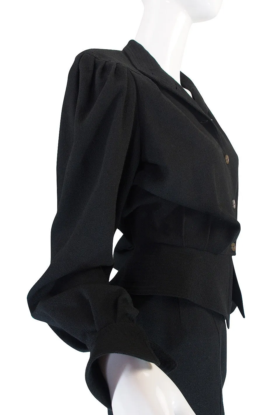 1970s Black Crepe Jean Muir Peplum Suit