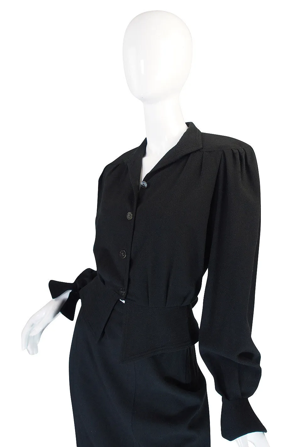 1970s Black Crepe Jean Muir Peplum Suit
