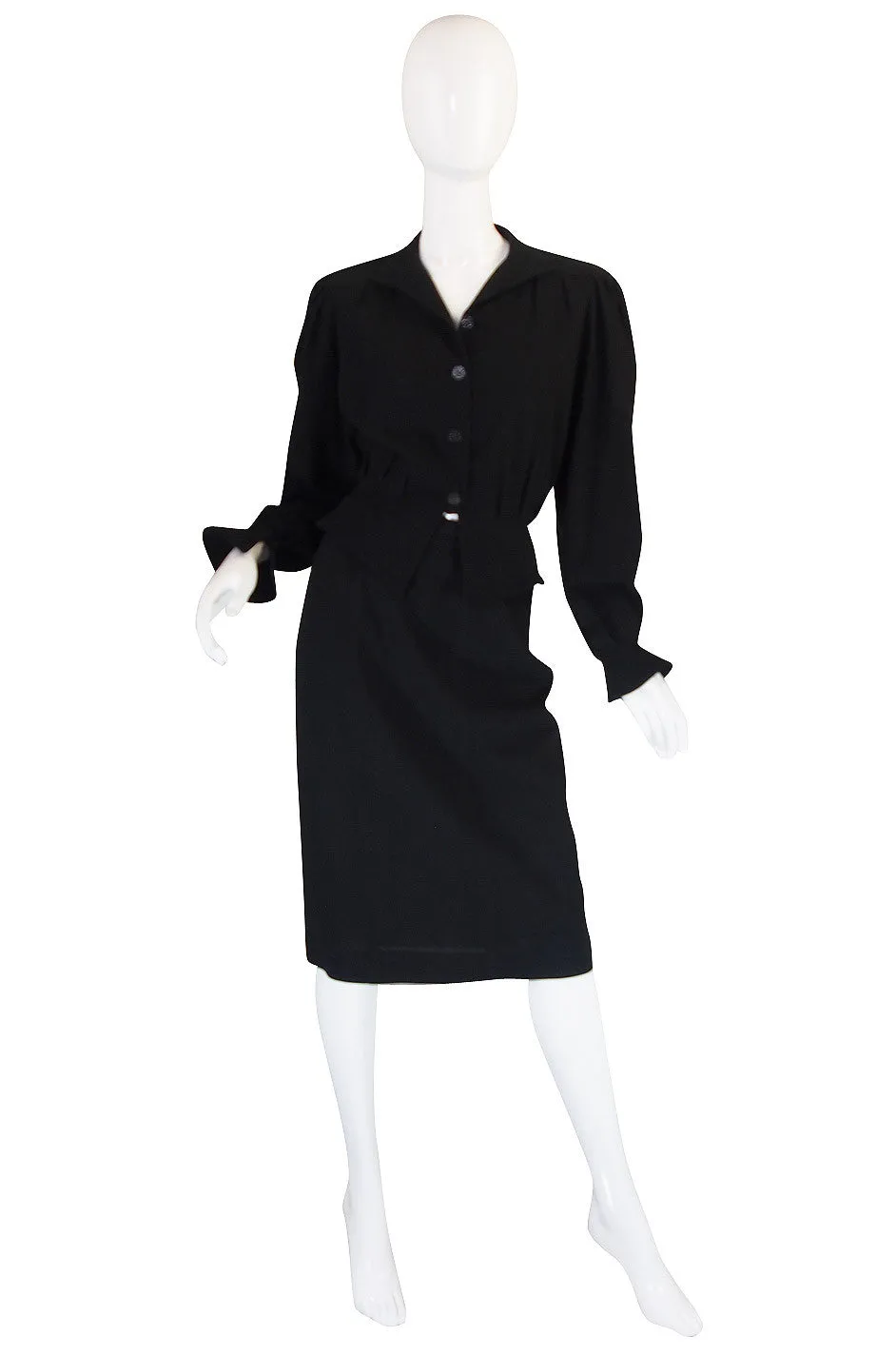 1970s Black Crepe Jean Muir Peplum Suit