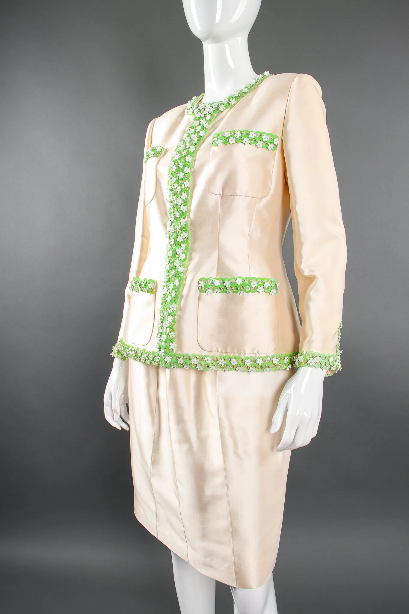 1996 S/S Daisy Beaded Silk Jacket & Skirt Suit