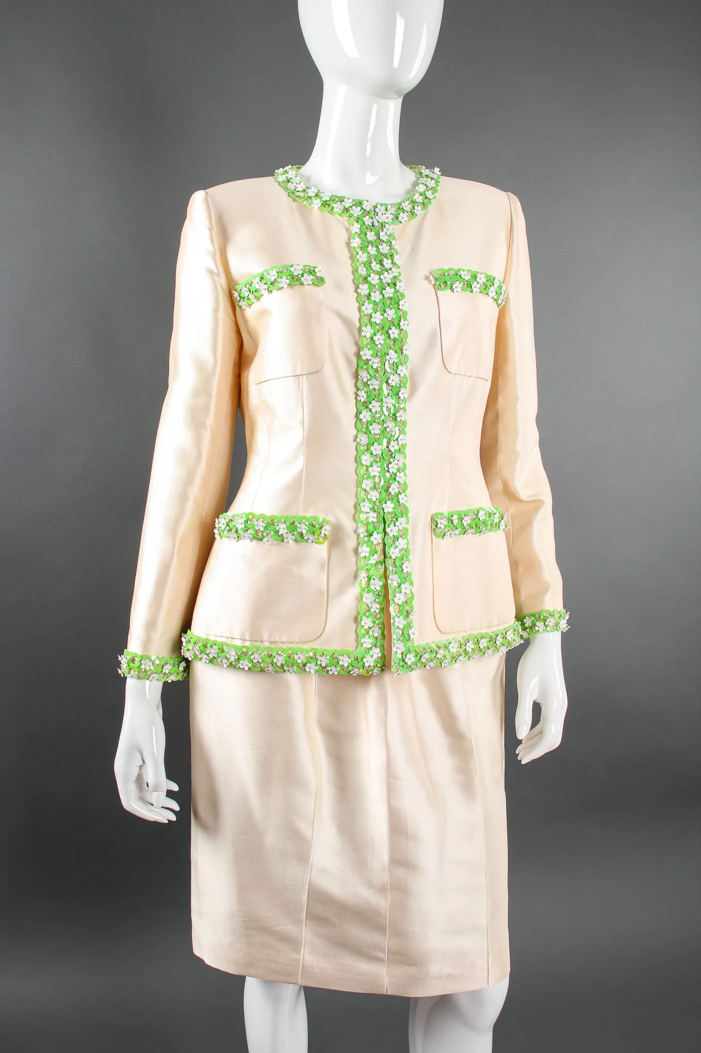 1996 S/S Daisy Beaded Silk Jacket & Skirt Suit