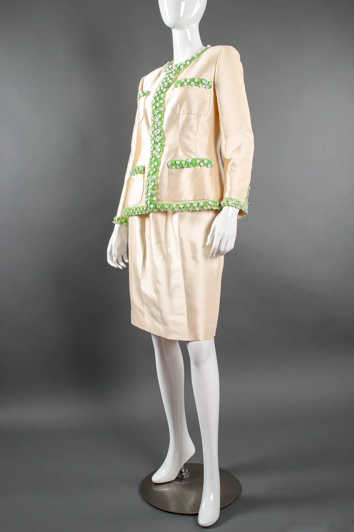 1996 S/S Daisy Beaded Silk Jacket & Skirt Suit