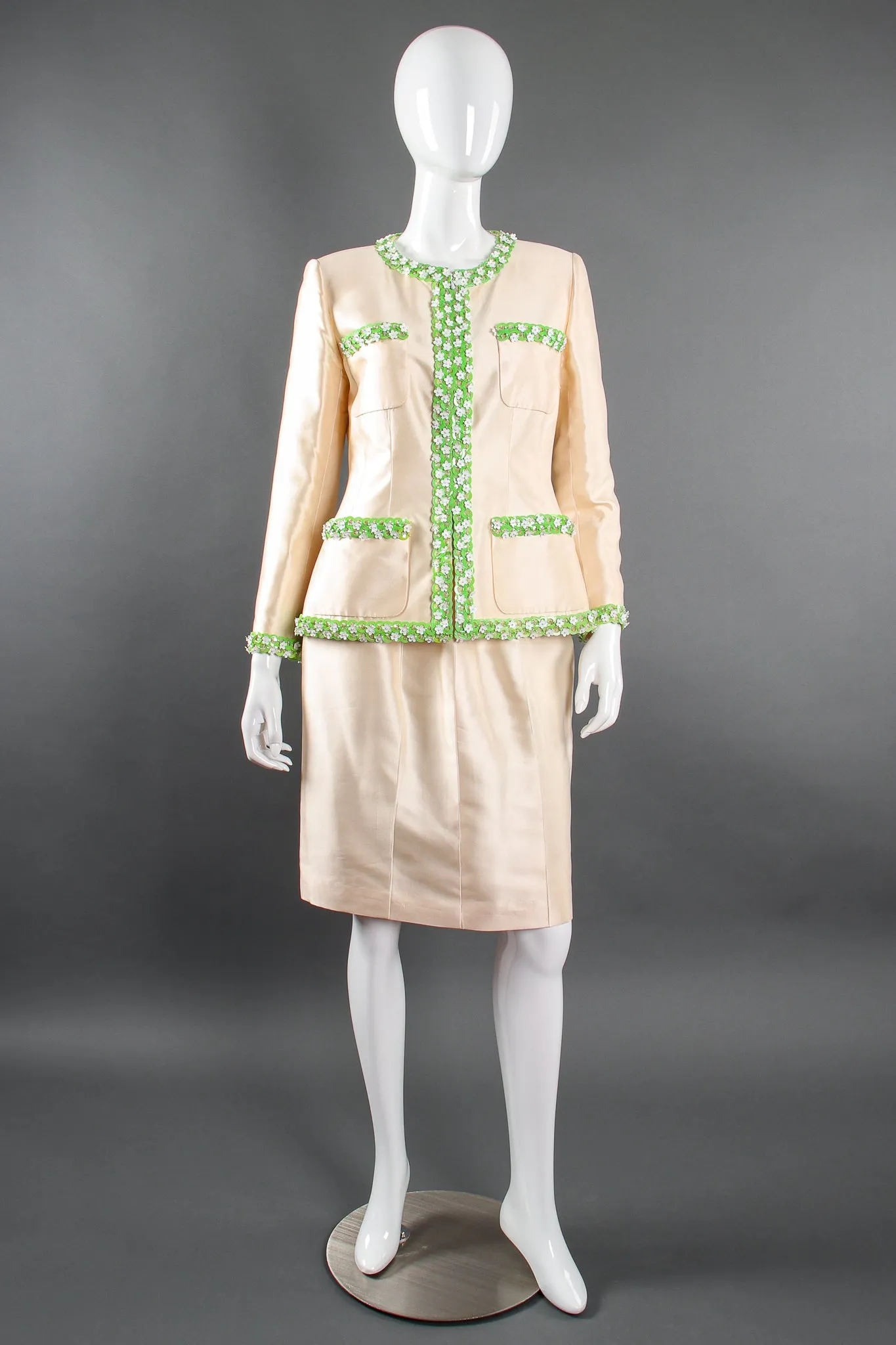 1996 S/S Daisy Beaded Silk Jacket & Skirt Suit