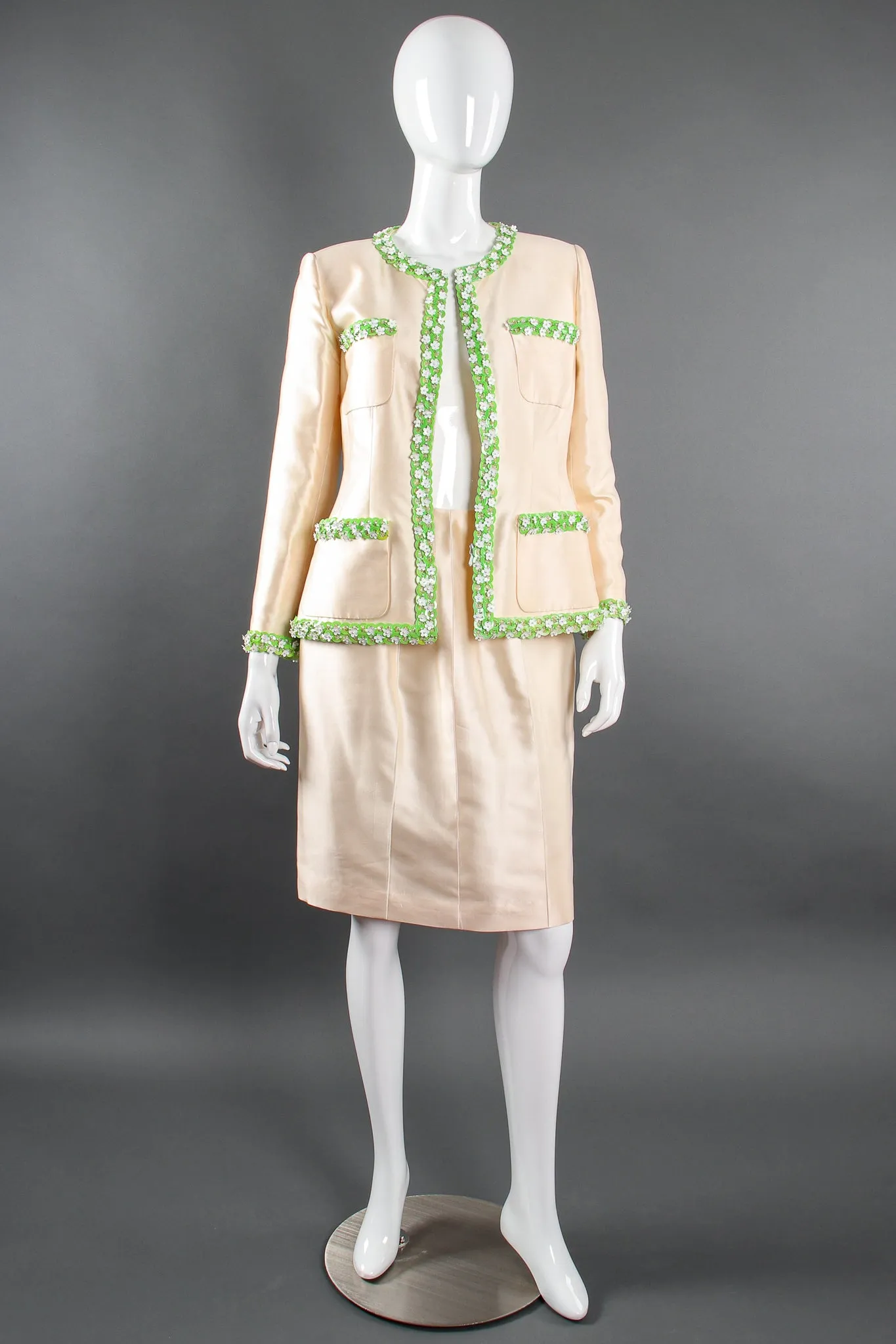 1996 S/S Daisy Beaded Silk Jacket & Skirt Suit