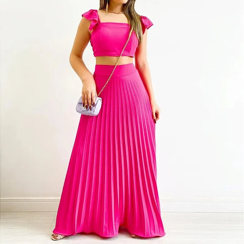 2023 Summer Casual Two Piece Set for Women Sexy sleeveless Solid Color Top with Long Skirt Set Elegant Sweet Dress Suit Femal