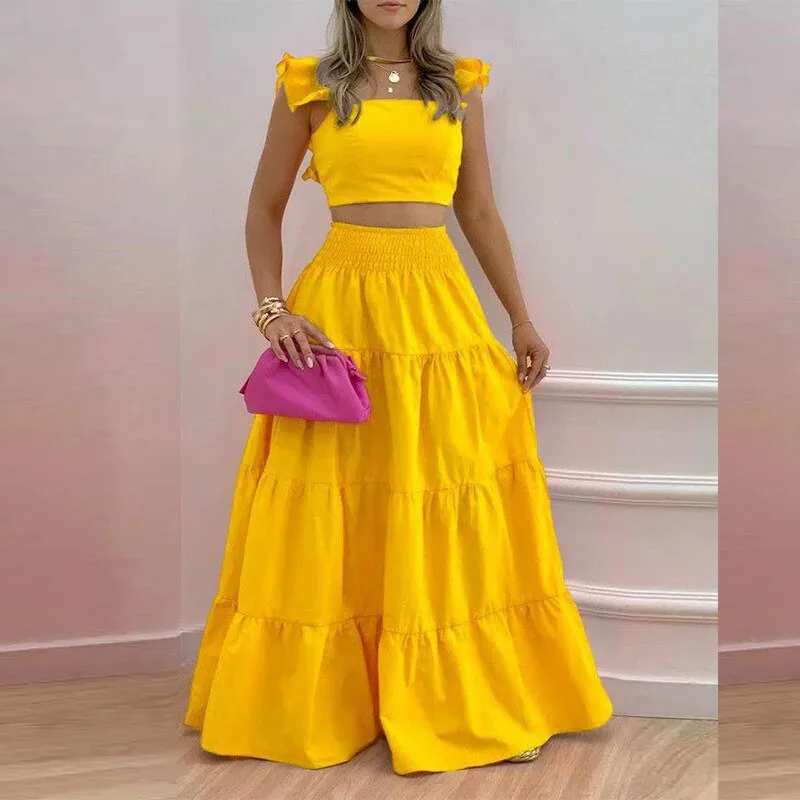 2023 Summer Casual Two Piece Set for Women Sexy sleeveless Solid Color Top with Long Skirt Set Elegant Sweet Dress Suit Femal