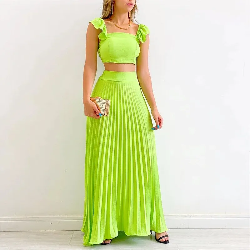 2023 Summer Casual Two Piece Set for Women Sexy sleeveless Solid Color Top with Long Skirt Set Elegant Sweet Dress Suit Femal