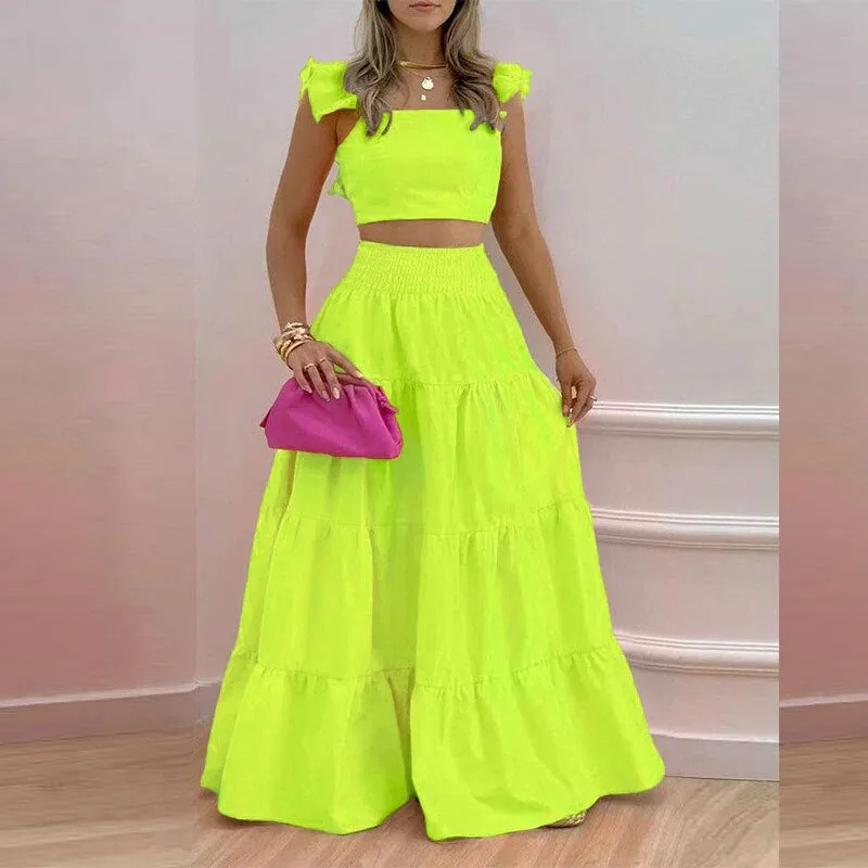 2023 Summer Casual Two Piece Set for Women Sexy sleeveless Solid Color Top with Long Skirt Set Elegant Sweet Dress Suit Femal