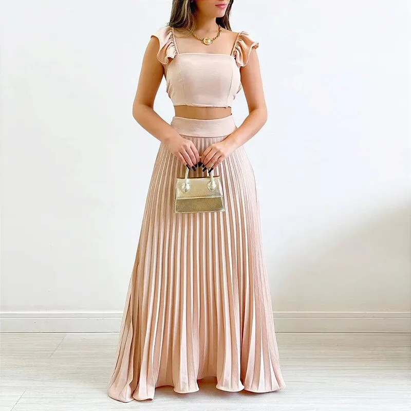 2023 Summer Casual Two Piece Set for Women Sexy sleeveless Solid Color Top with Long Skirt Set Elegant Sweet Dress Suit Femal
