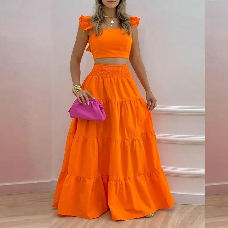 2023 Summer Casual Two Piece Set for Women Sexy sleeveless Solid Color Top with Long Skirt Set Elegant Sweet Dress Suit Femal