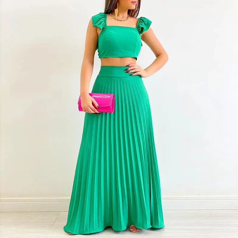 2023 Summer Casual Two Piece Set for Women Sexy sleeveless Solid Color Top with Long Skirt Set Elegant Sweet Dress Suit Femal