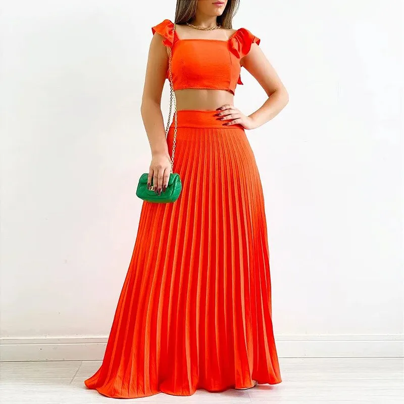 2023 Summer Casual Two Piece Set for Women Sexy sleeveless Solid Color Top with Long Skirt Set Elegant Sweet Dress Suit Femal