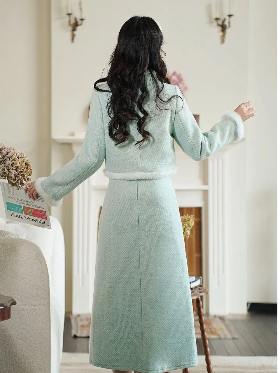 2PS Green Long Sleeve Warm Coat With Suspender Skirt Vintage Suit