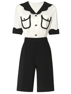 2PS White Wavy Petal Lapel Straight Short-sleeved Shirt Five-point Shorts Suit