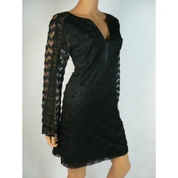 $300 Nanette Lepore Black Eyelash Lace Long Sleeve Shift Dress M 8 10 NEW N326