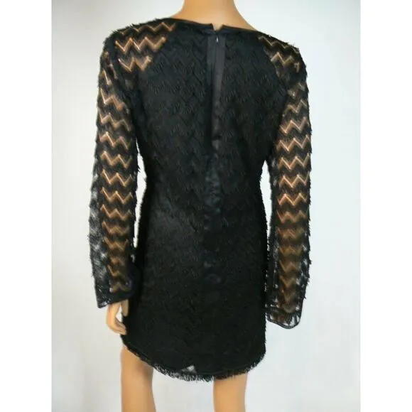$300 Nanette Lepore Black Eyelash Lace Long Sleeve Shift Dress M 8 10 NEW N326