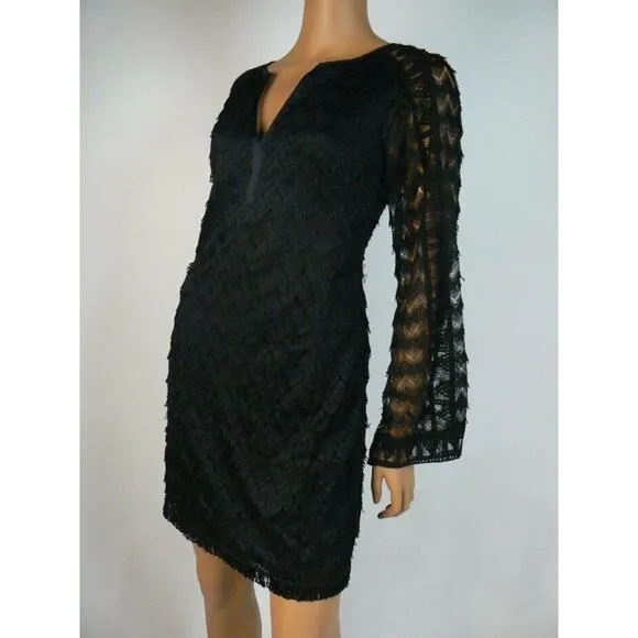 $300 Nanette Lepore Black Eyelash Lace Long Sleeve Shift Dress M 8 10 NEW N326