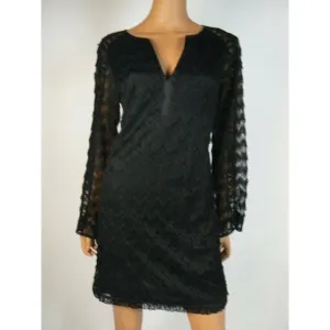 $300 Nanette Lepore Black Eyelash Lace Long Sleeve Shift Dress M 8 10 NEW N326