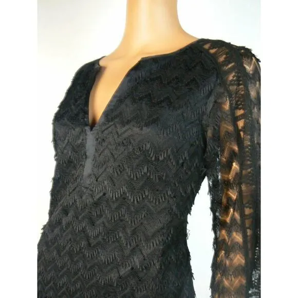 $300 Nanette Lepore Black Eyelash Lace Long Sleeve Shift Dress M 8 10 NEW N326