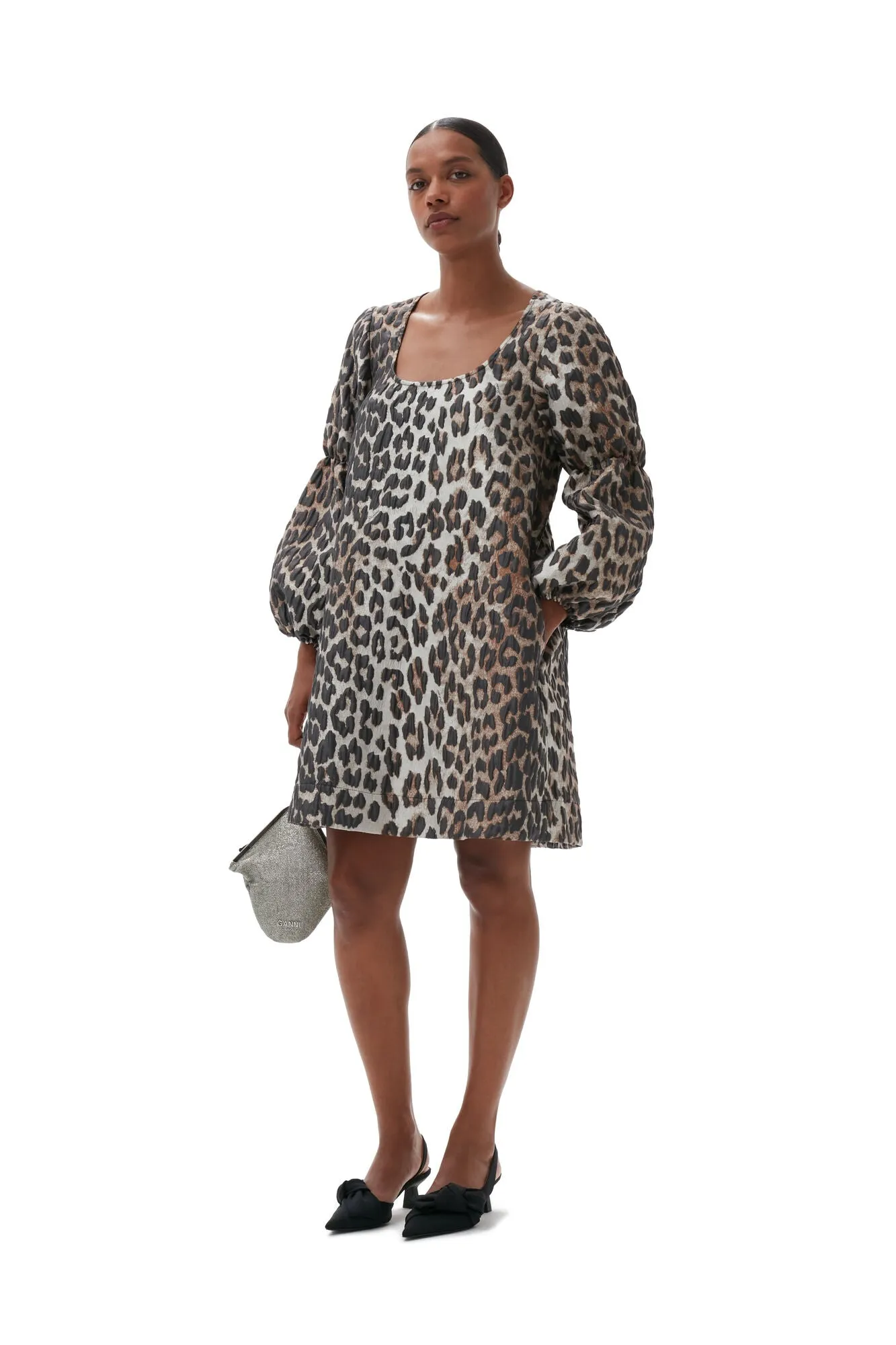 3D Jacquard Puff Sleeve Mini Dress
