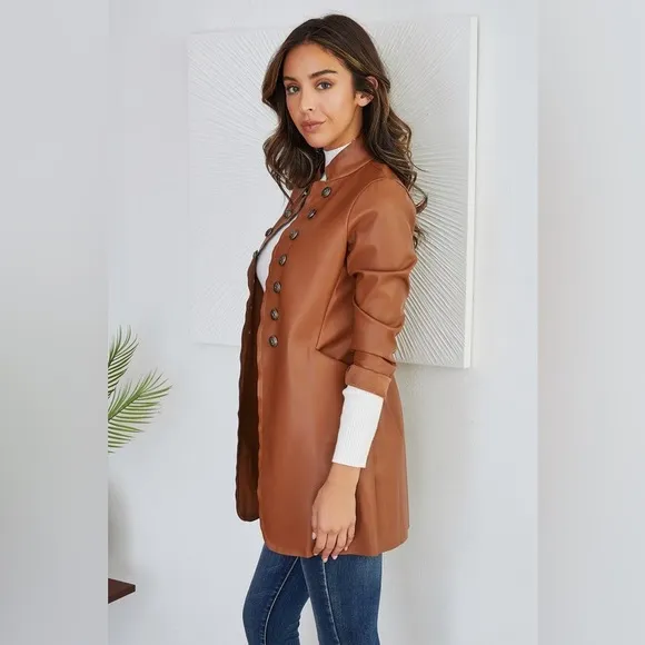 (516181-PU-CML) WOMEN  PU SOLID SARGENT PEPPER JACKET