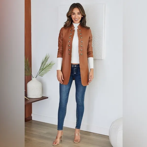(516181-PU-CML) WOMEN  PU SOLID SARGENT PEPPER JACKET