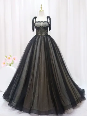 A-Line Black  Tulle Lace Long Prom Dress, Black Tulle Formal Dress