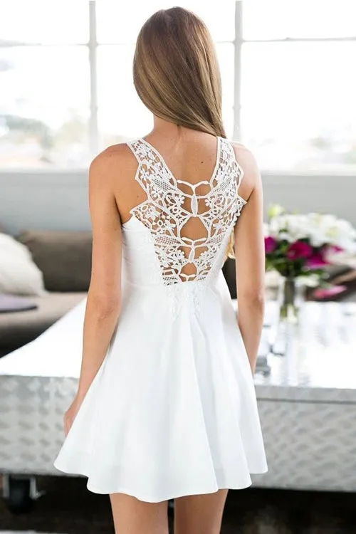A-Line Jewel Short White Satin Sleeveless Homecoming Dress with Lace,MH504