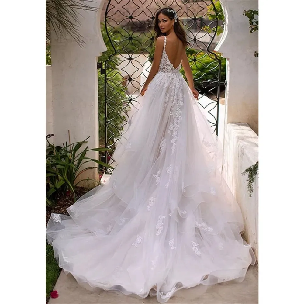 A-Line Lace White Sweep Train Sleeveless Backless Wedding Dress