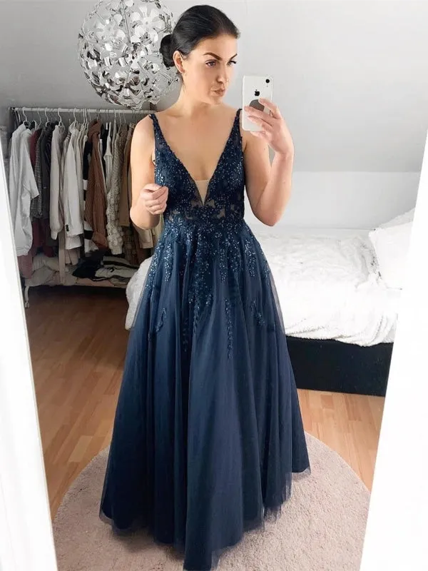A Line V Neck Lace Navy Blue Long Prom, Navy Blue Lace Formal, Navy Blue Evening