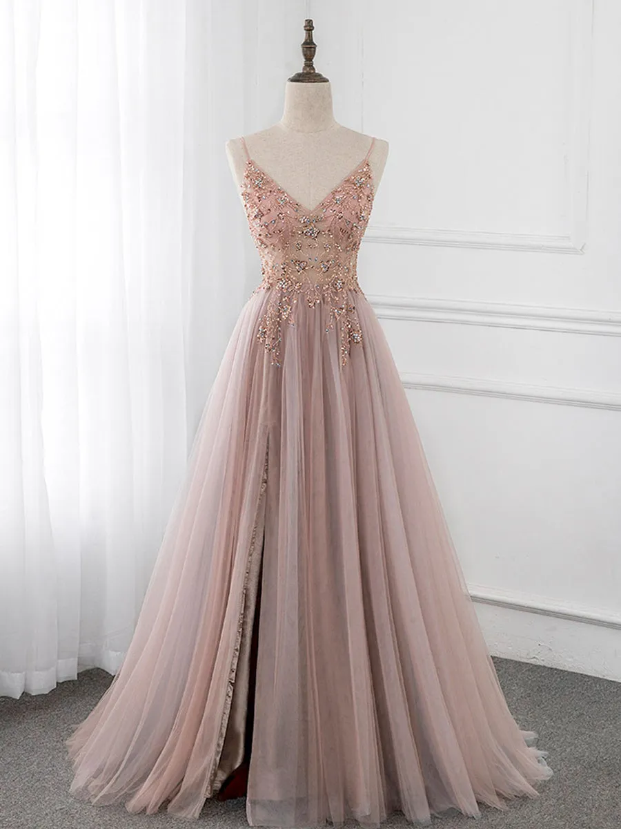 A-Line V Neck Tulle Beading Pink Long Prom Dress. Pink Formal Dress