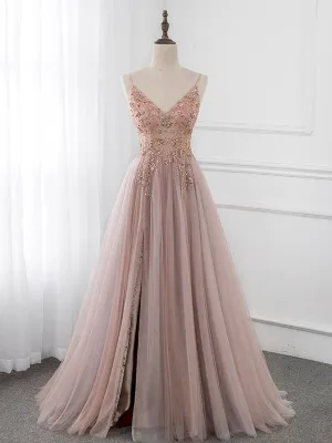 A-Line V Neck Tulle Beading Pink Long Prom Dress. Pink Formal Dress
