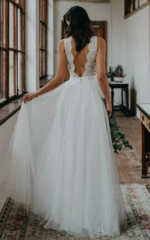 A-Line White Lace Scalloped-Neck Sleeveless Wedding Dress