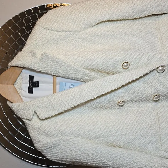 Ann Taylor Wool Blend Tweed Pearl Button Lined Double Breasted Blazer