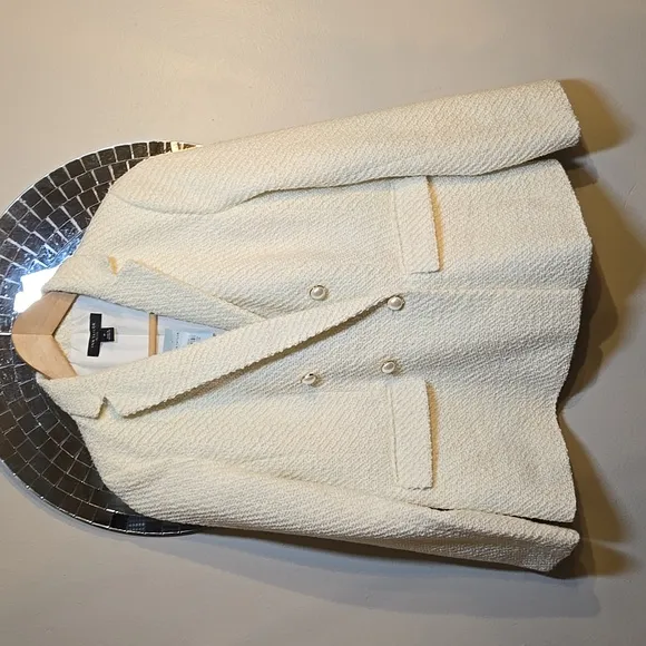 Ann Taylor Wool Blend Tweed Pearl Button Lined Double Breasted Blazer
