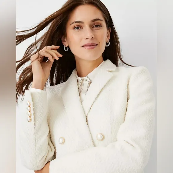 Ann Taylor Wool Blend Tweed Pearl Button Lined Double Breasted Blazer