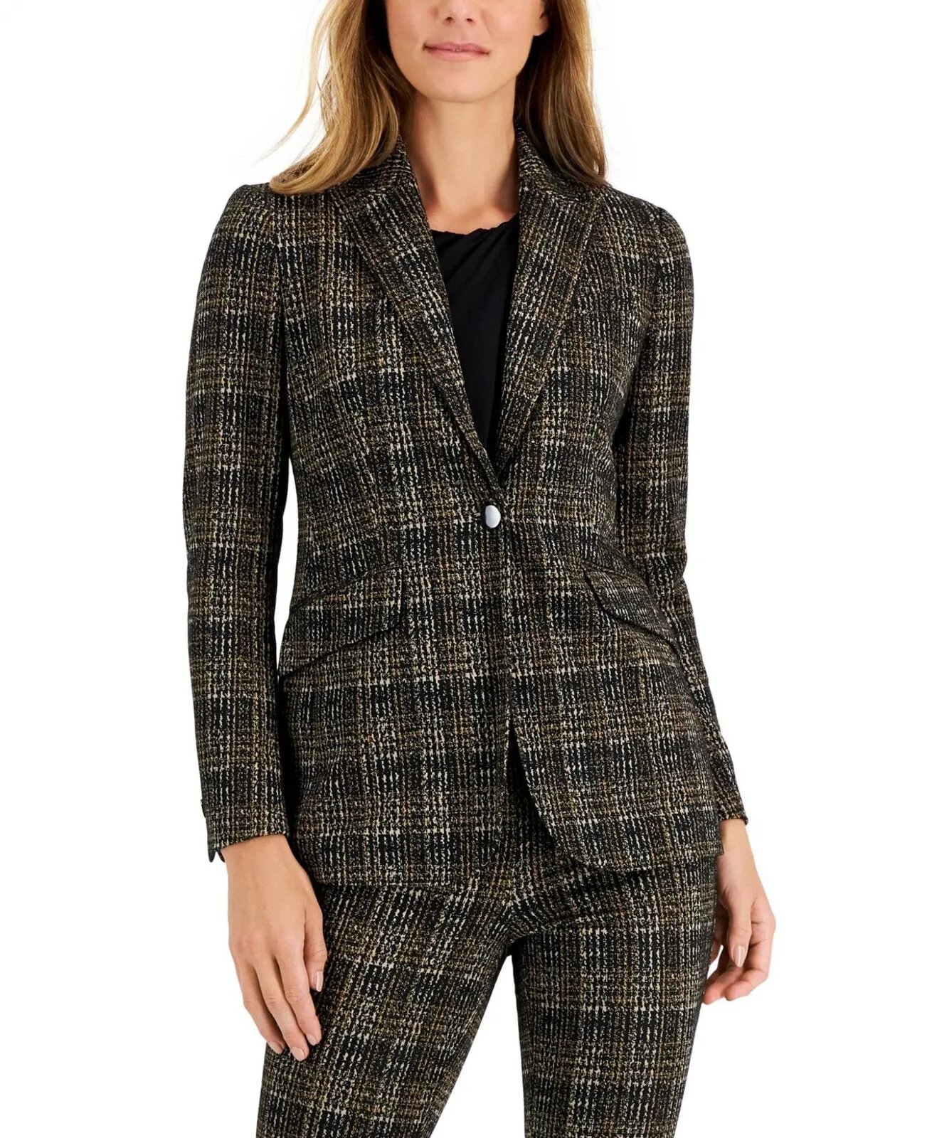 Anne Klein Womens Plaid One-Button Jacket 10852417