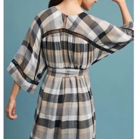 Anthropologie Black Cream Plaid Check Draped Tie Waist Belted Kimono ShirtDress