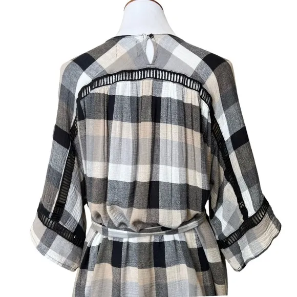 Anthropologie Black Cream Plaid Check Draped Tie Waist Belted Kimono ShirtDress