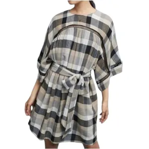 Anthropologie Black Cream Plaid Check Draped Tie Waist Belted Kimono ShirtDress