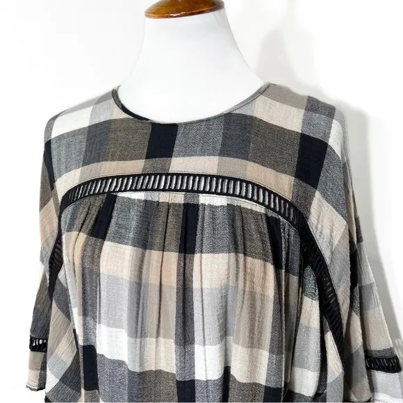 Anthropologie Black Cream Plaid Check Draped Tie Waist Belted Kimono ShirtDress