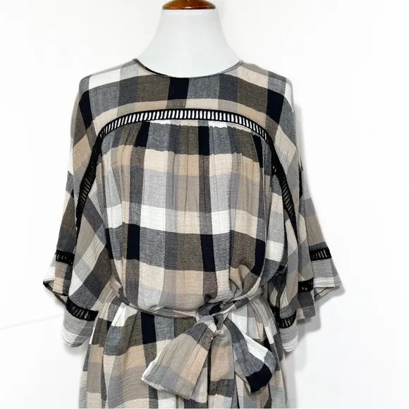 Anthropologie Black Cream Plaid Check Draped Tie Waist Belted Kimono ShirtDress