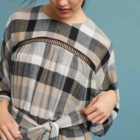 Anthropologie Black Cream Plaid Check Draped Tie Waist Belted Kimono ShirtDress