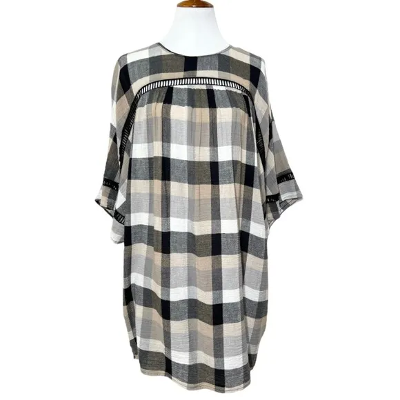 Anthropologie Black Cream Plaid Check Draped Tie Waist Belted Kimono ShirtDress
