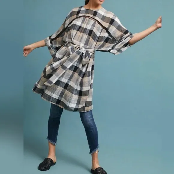 Anthropologie Black Cream Plaid Check Draped Tie Waist Belted Kimono ShirtDress