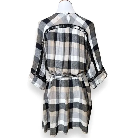 Anthropologie Black Cream Plaid Check Draped Tie Waist Belted Kimono ShirtDress
