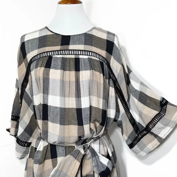 Anthropologie Black Cream Plaid Check Draped Tie Waist Belted Kimono ShirtDress