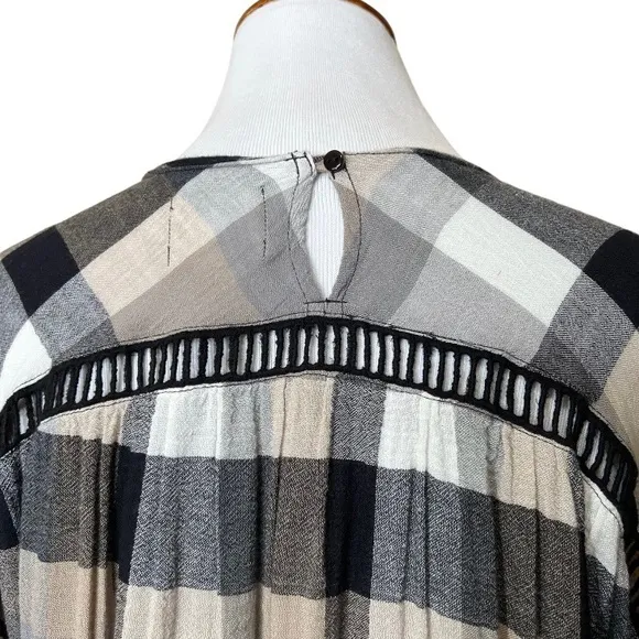 Anthropologie Black Cream Plaid Check Draped Tie Waist Belted Kimono ShirtDress