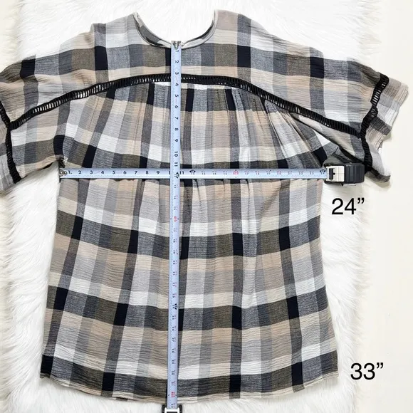 Anthropologie Black Cream Plaid Check Draped Tie Waist Belted Kimono ShirtDress